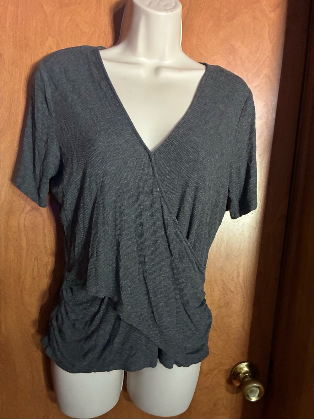 Michael Kors Charcoal Gray V-Neck Wrap-Style Short Sleeve Top